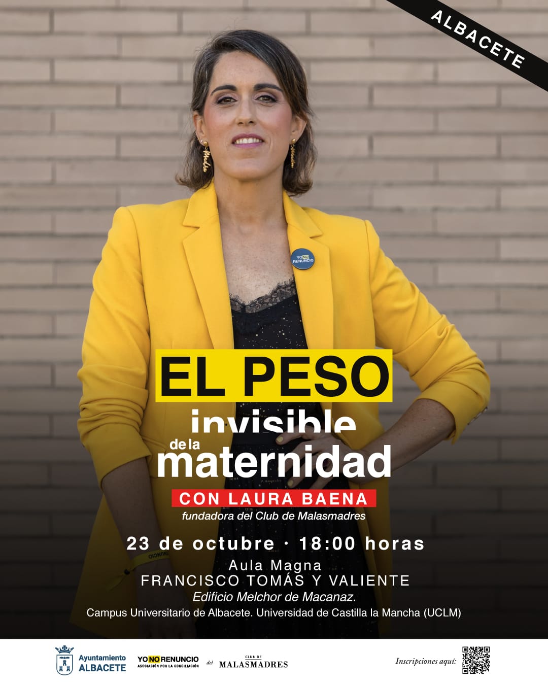 Cartel de El peso invisible de la maternidad, con Laura Baena, 23 de octubre en el Campus de Albacete