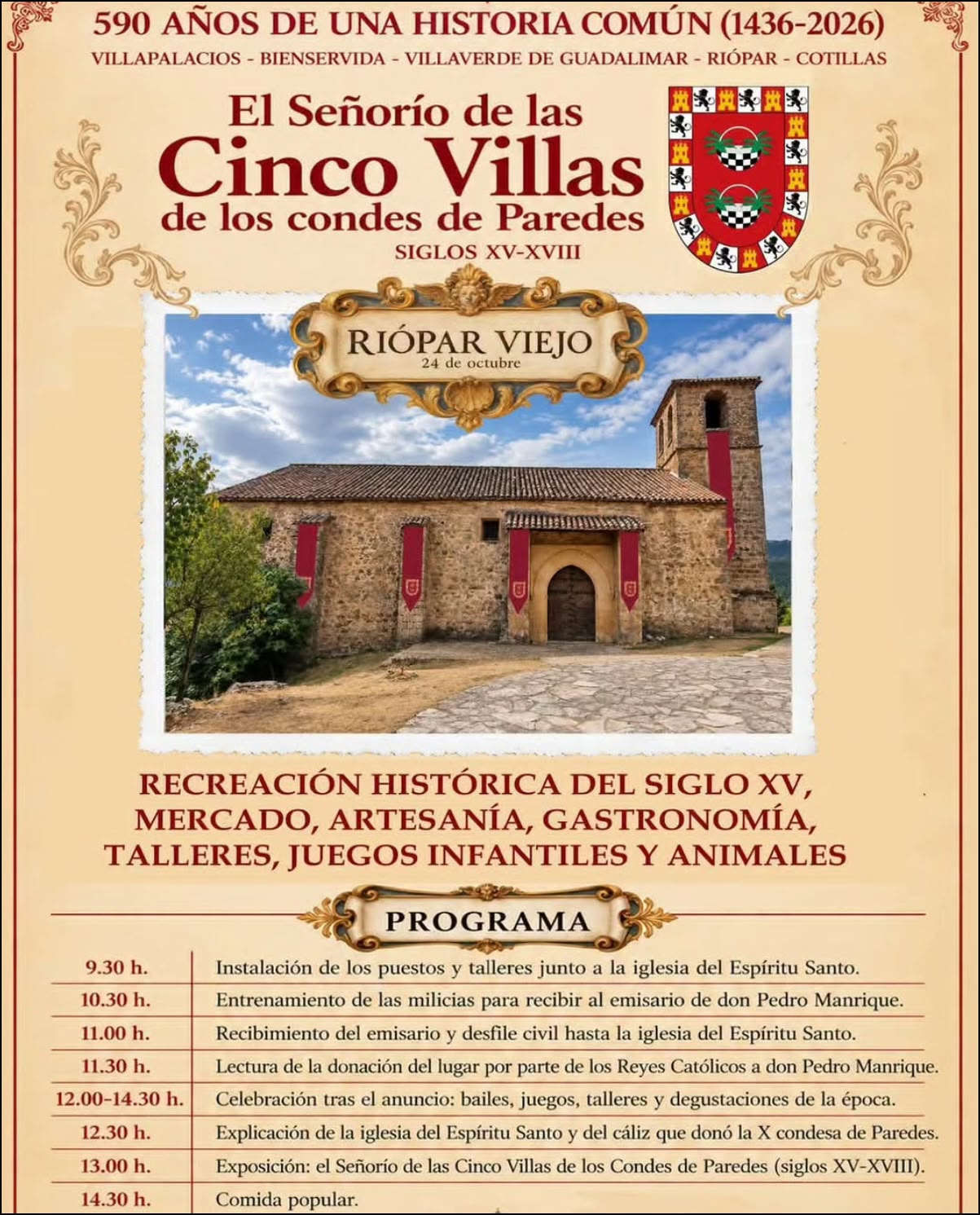 Cartel de El Señorío de las Cinco Villas de los condes de Paredes, recreación histórica en Riópar Viejo el 24 de octubre