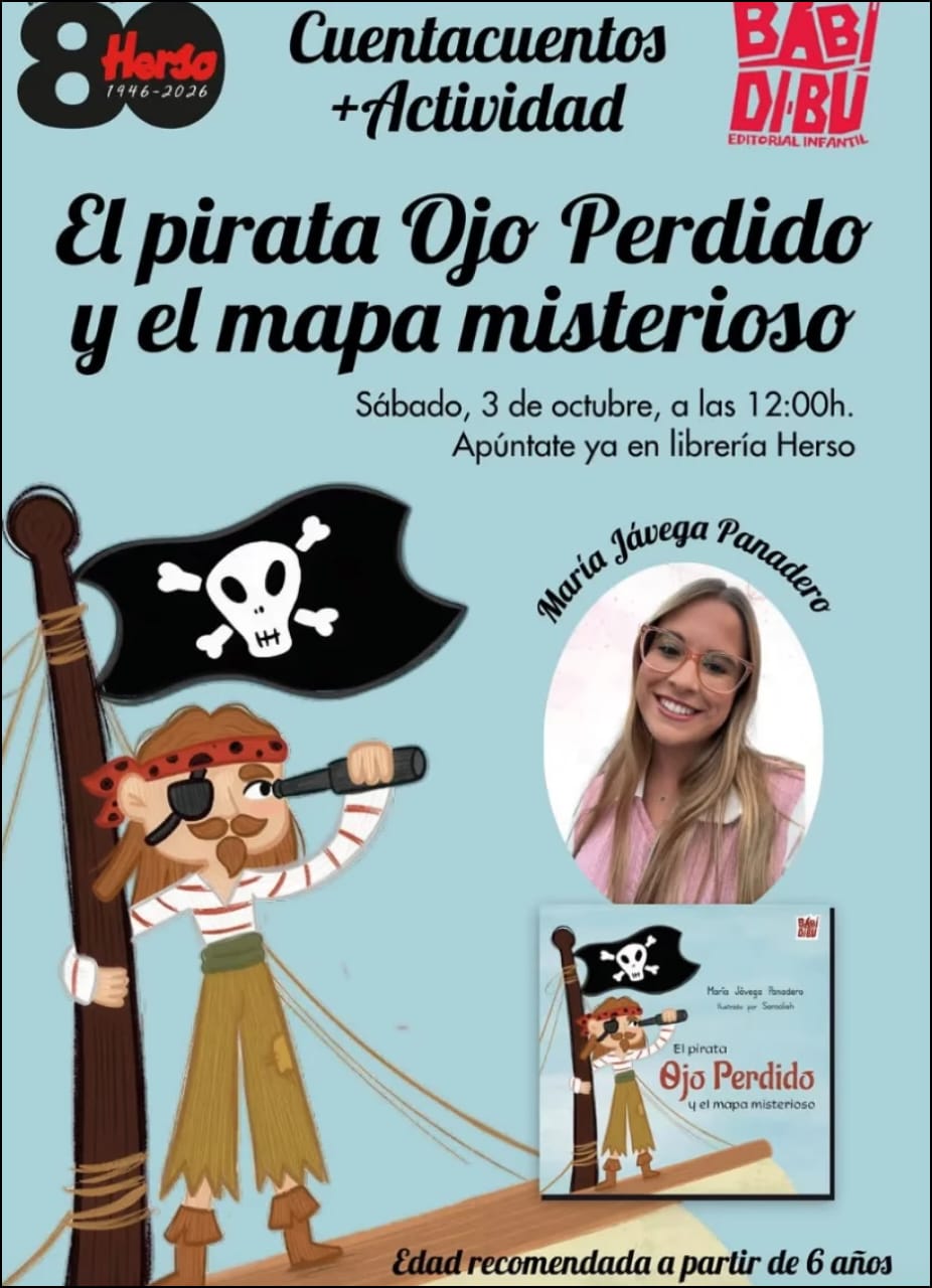 Cartel del cuentacuentos «El pirata Ojo Perdido y el mapa misterioso» con María Jávega Panadero en la Librería Herso, 3 de octubre de 2026