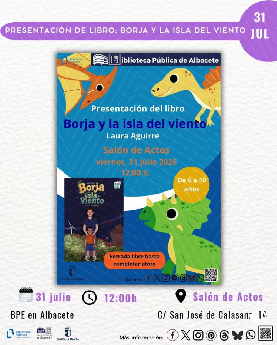 Cartel de la presentación del libro Borja y la isla del viento, de Laura Aguirre, en la Biblioteca Pública de Albacete