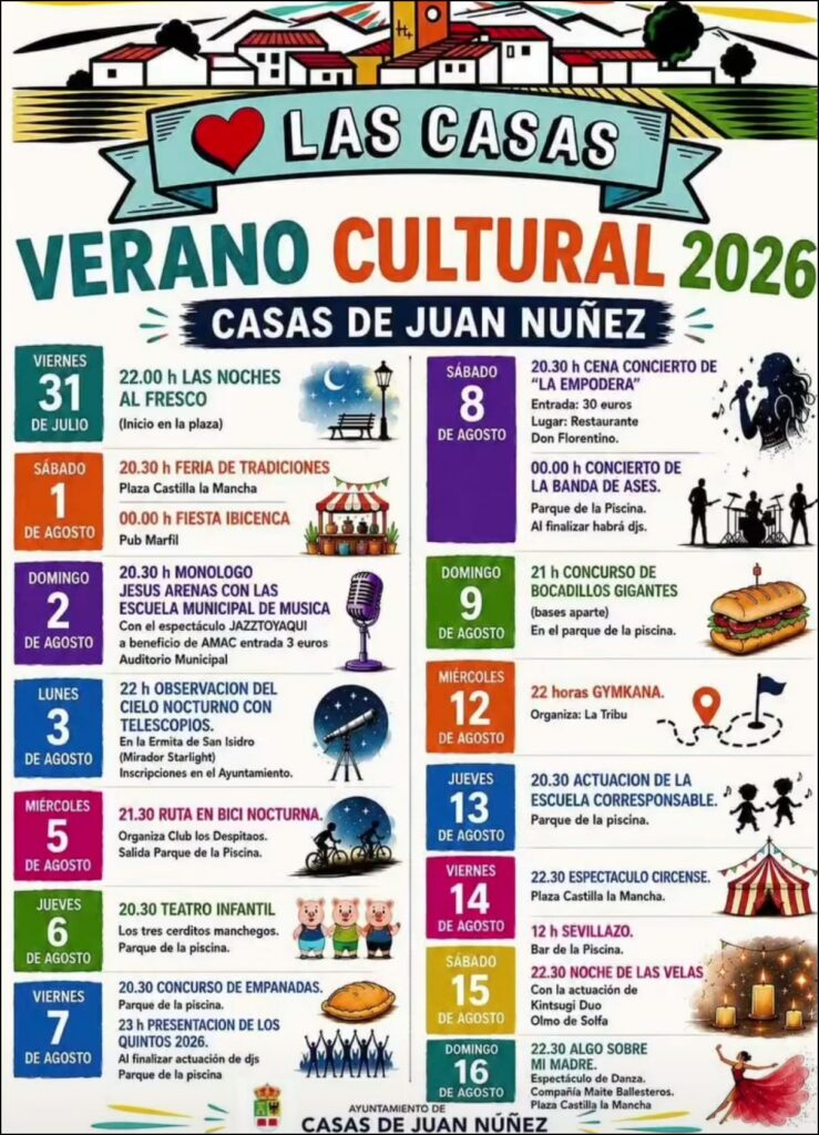 Cartel del Verano Cultural 2026 de Casas de Juan Núñez con la programación de julio y agosto