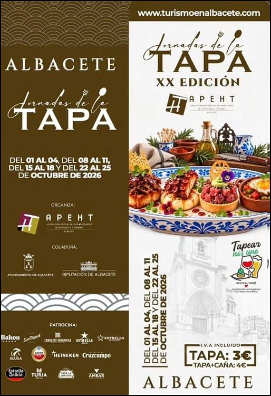 Cartel de las XX Jornadas de la Tapa de Albacete, del 1 al 25 de octubre de 2026, tapa 3 euros y tapa más caña 4 euros