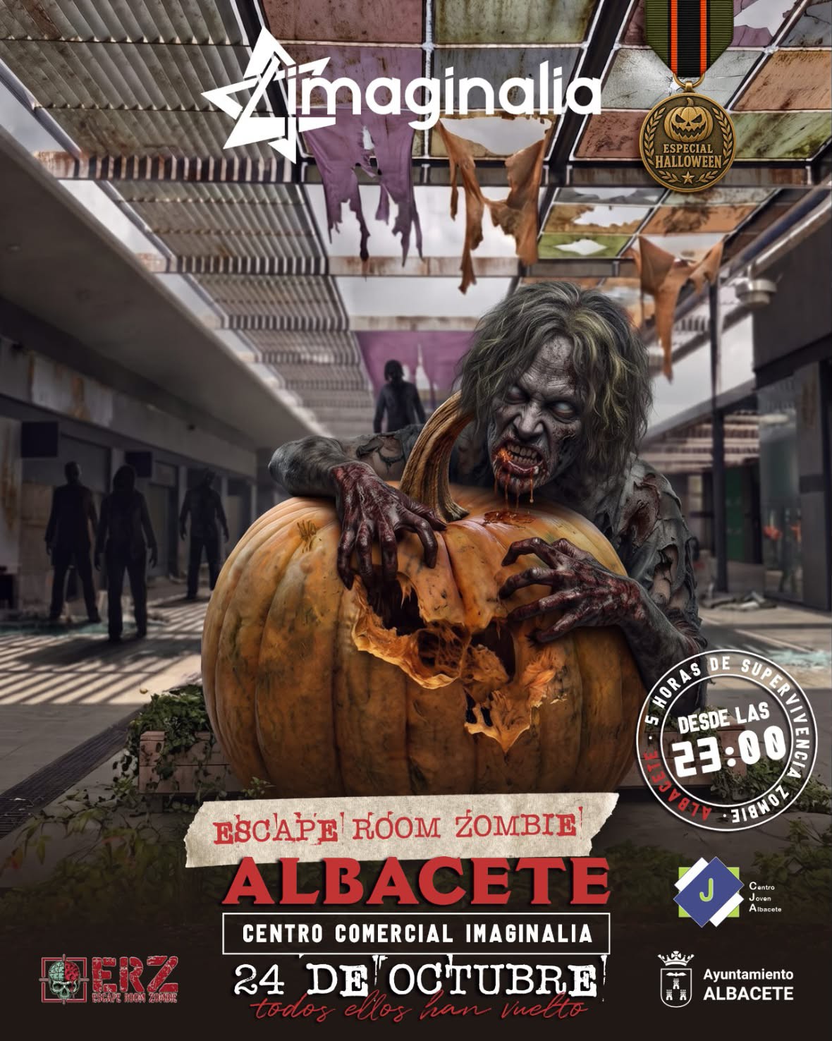 Cartel del Escape Room Zombie Especial Halloween en el Centro Comercial Imaginalia de Albacete, 24 de octubre de 2026